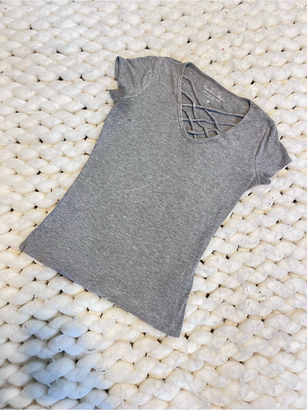 Hollister Grey Ribbed Short Sleeve Top with Lattice V-Neck